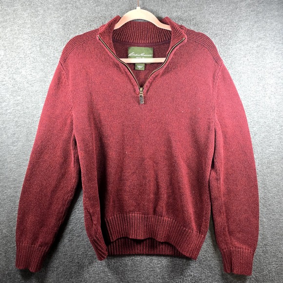 Eddie Bauer Other - Eddie‎ Bauer Men M Red Burgundy Heather Pullover Sweater Quarter Zip Leather Zip